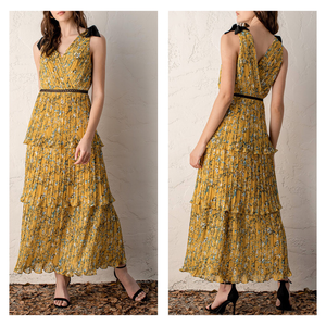 lulu’s Such Sophistication Yellow Floral Print Pleated tiered Maxi Dress